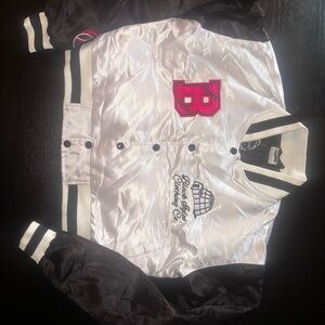 Black Igloo Cropped Bomber Jacket - White & Black Satin Varsity Style